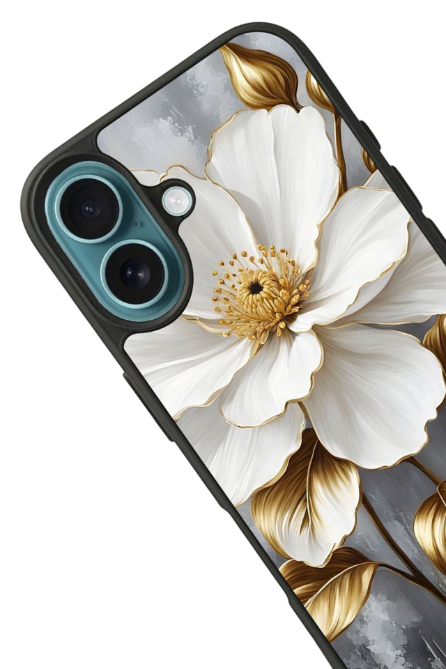 iPhone 16 Plus Uyumlu Yaldizli Cicek Tasarımlı Glossy Premium Kılıf