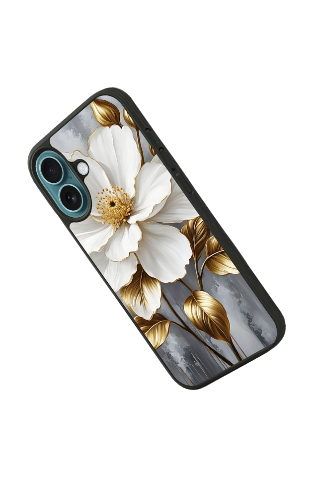 iPhone 16 Plus Uyumlu Yaldizli Cicek Tasarımlı Glossy Premium Kılıf