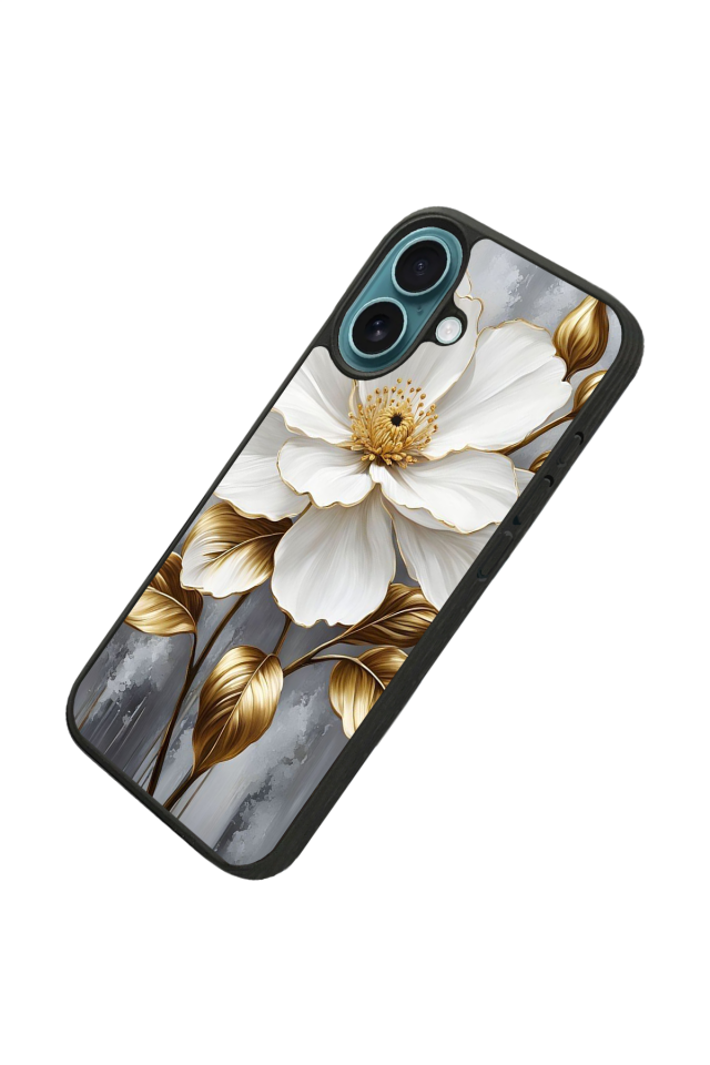 iPhone 16 Plus Uyumlu Yaldizli Cicek Tasarımlı Glossy Premium Kılıf
