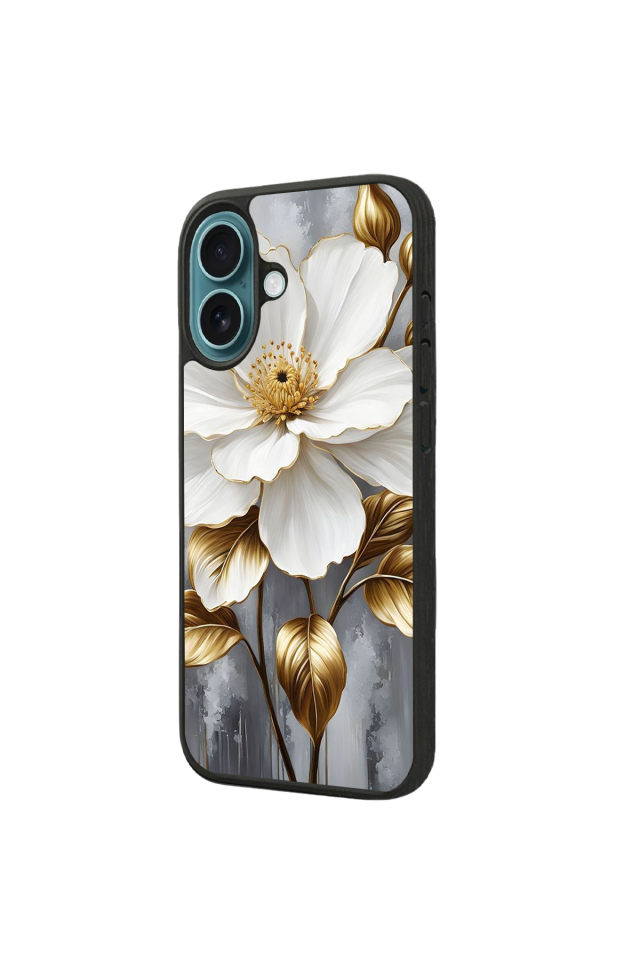 iPhone 16 Plus Uyumlu Yaldizli Cicek Tasarımlı Glossy Premium Kılıf