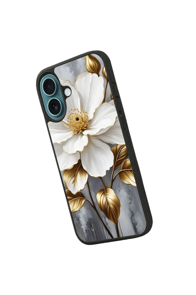 iPhone 16 Plus Uyumlu Yaldizli Cicek Tasarımlı Glossy Premium Kılıf
