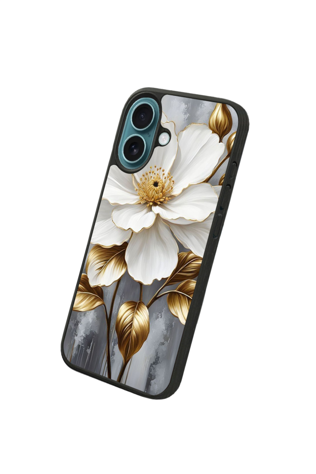 iPhone 16 Plus Uyumlu Yaldizli Cicek Tasarımlı Glossy Premium Kılıf