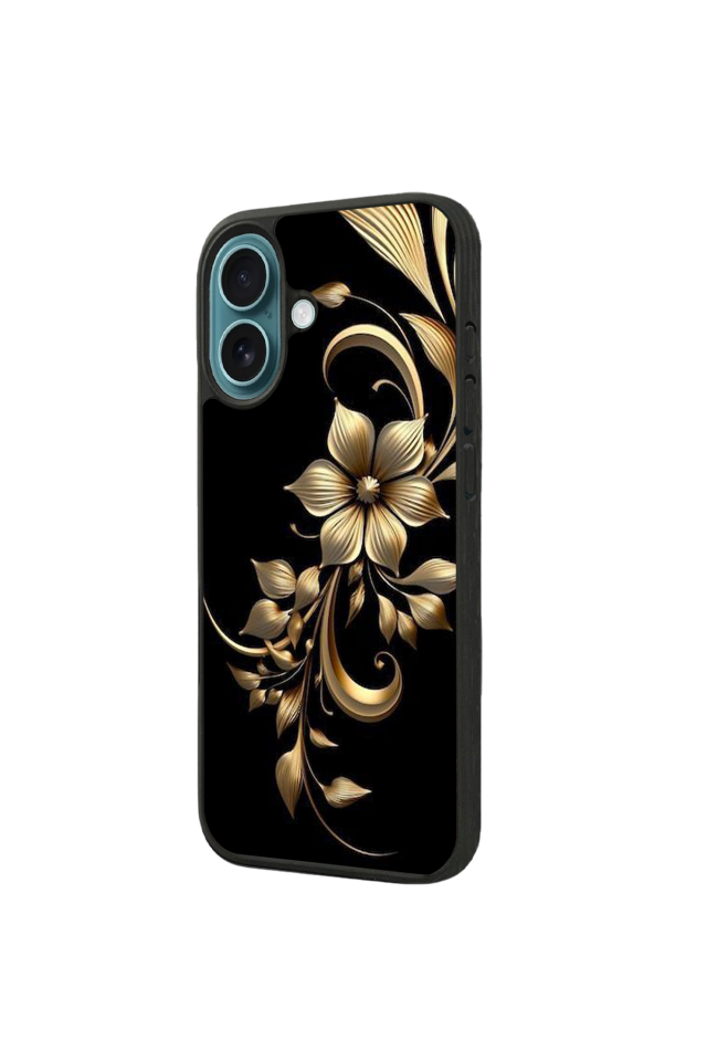 iPhone 16 Plus Uyumlu Yaldizli Cicek Tasarımlı Glossy Premium Kılıf