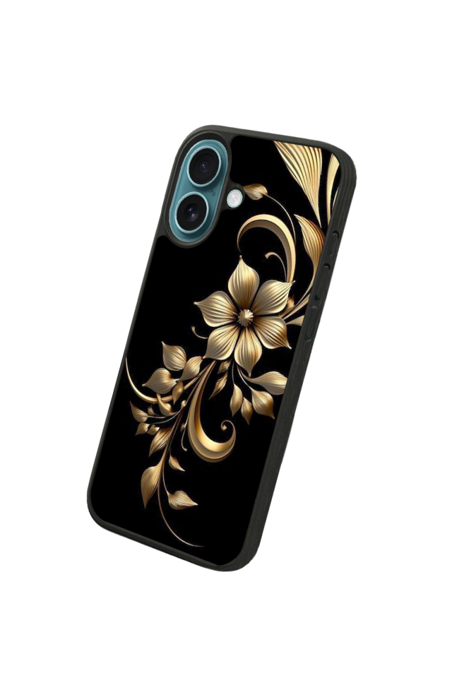 iPhone 16 Plus Uyumlu Yaldizli Cicek Tasarımlı Glossy Premium Kılıf