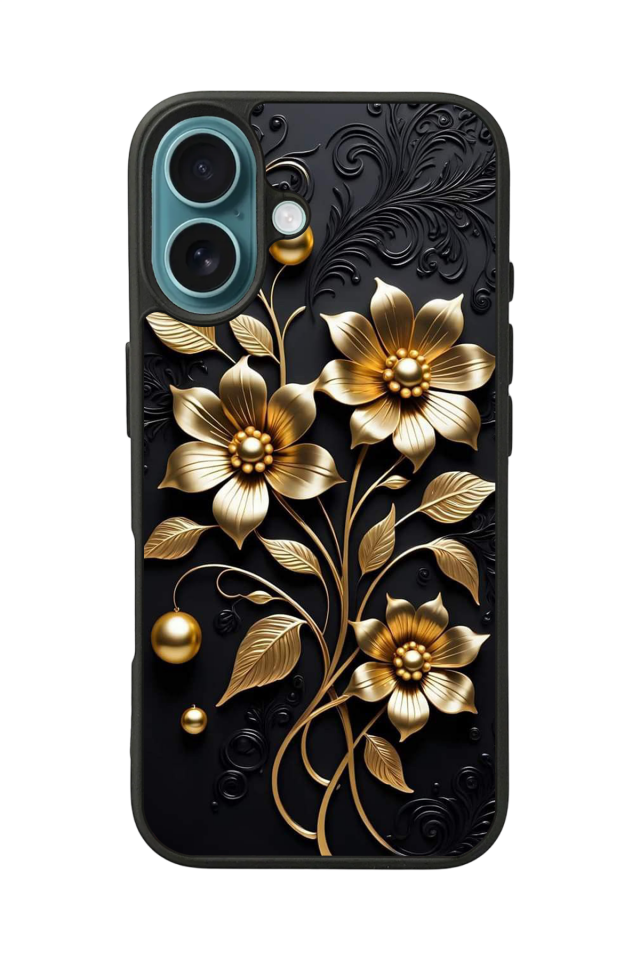iPhone 16 Plus Uyumlu Yaldizli Cicek Tasarımlı Glossy Premium Kılıf