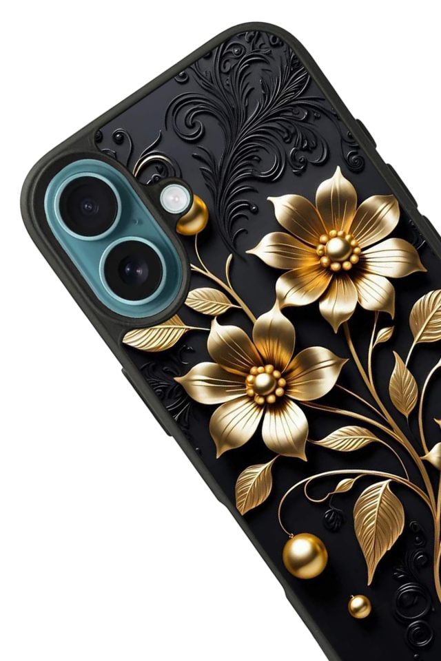 iPhone 16 Plus Uyumlu Yaldizli Cicek Tasarımlı Glossy Premium Kılıf