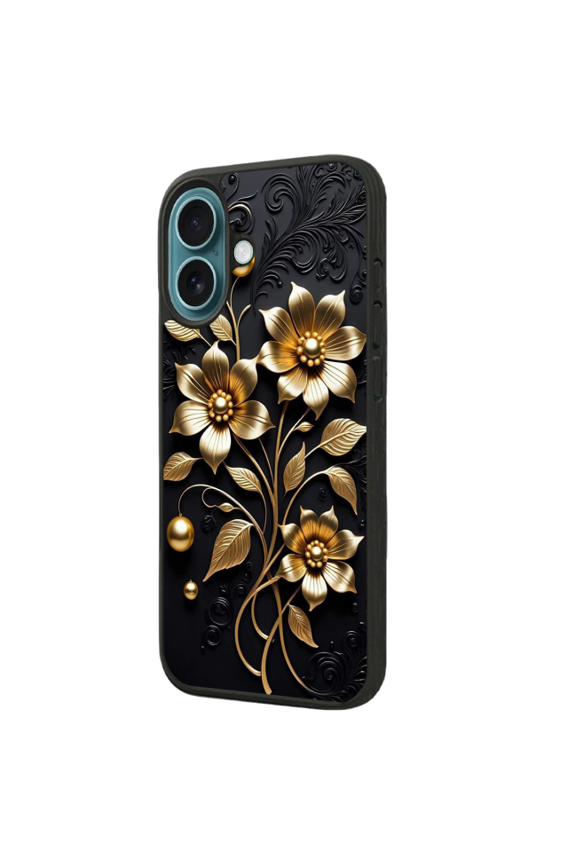 iPhone 16 Plus Uyumlu Yaldizli Cicek Tasarımlı Glossy Premium Kılıf