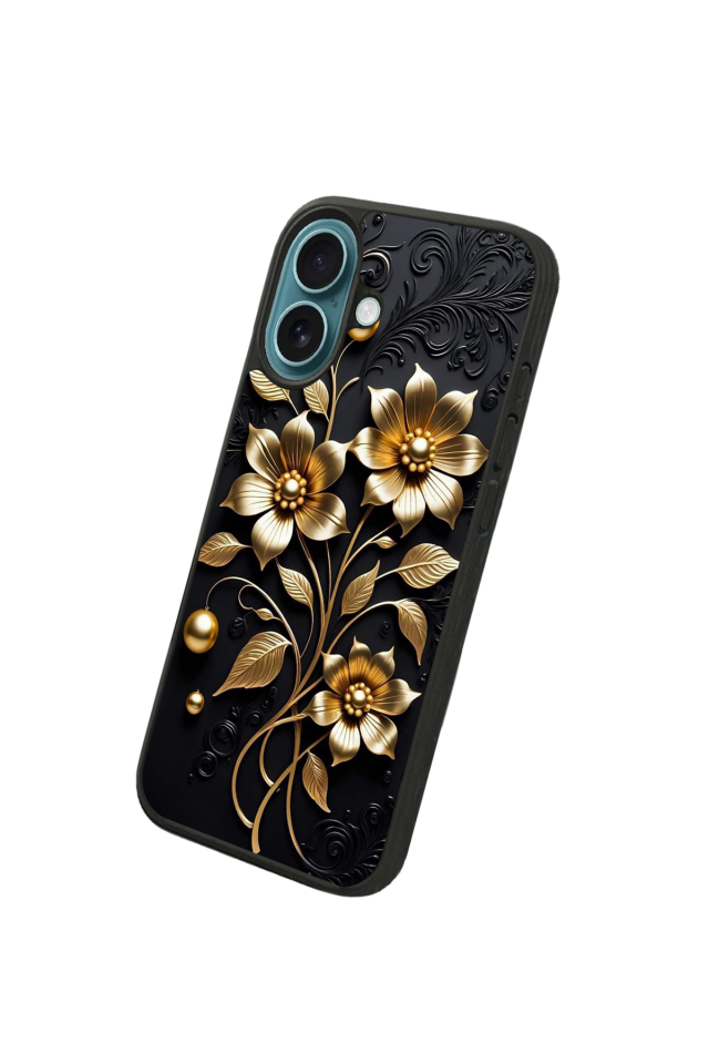iPhone 16 Plus Uyumlu Yaldizli Cicek Tasarımlı Glossy Premium Kılıf