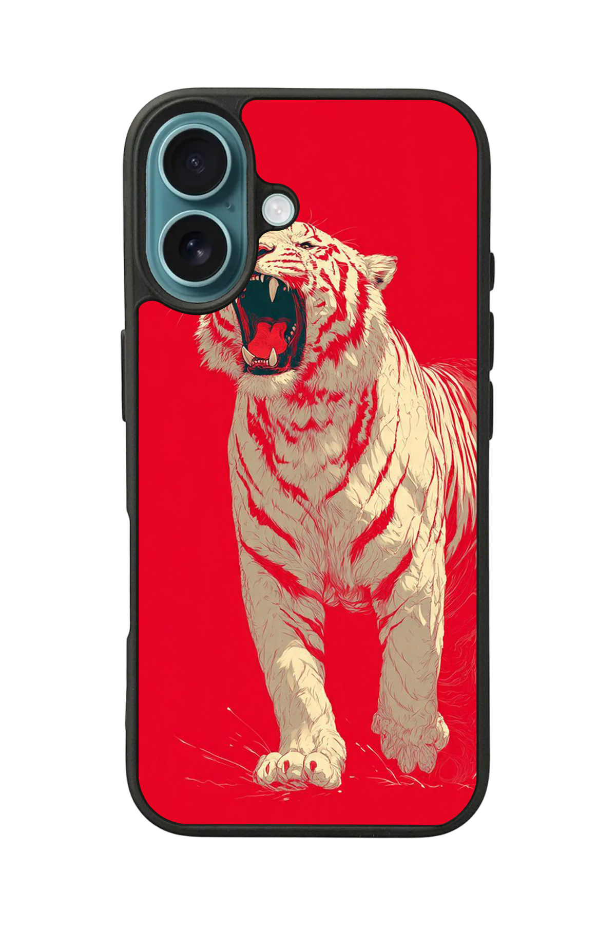 iPhone 16 Plus Uyumlu Kirmizi ve Kaplan Tasarımlı Glossy Premium Kılıf