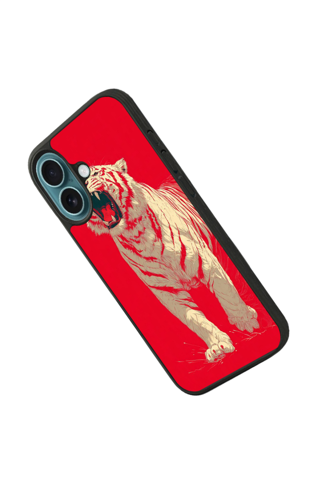 iPhone 16 Plus Uyumlu Kirmizi ve Kaplan Tasarımlı Glossy Premium Kılıf