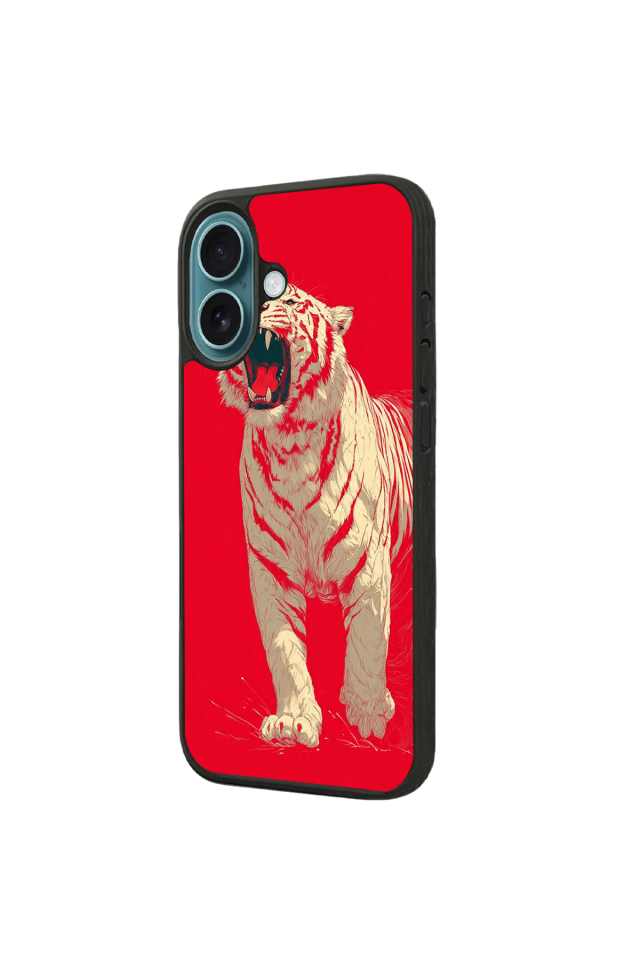 iPhone 16 Plus Uyumlu Kirmizi ve Kaplan Tasarımlı Glossy Premium Kılıf
