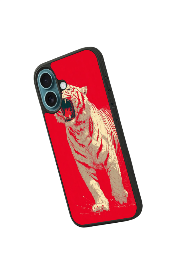 iPhone 16 Plus Uyumlu Kirmizi ve Kaplan Tasarımlı Glossy Premium Kılıf