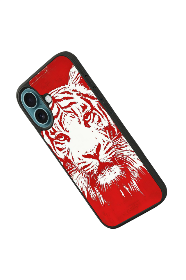 iPhone 16 Plus Uyumlu Kirmizi ve Kaplan Tasarımlı Glossy Premium Kılıf
