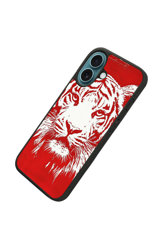 iPhone 16 Plus Uyumlu Kirmizi ve Kaplan Tasarımlı Glossy Premium Kılıf