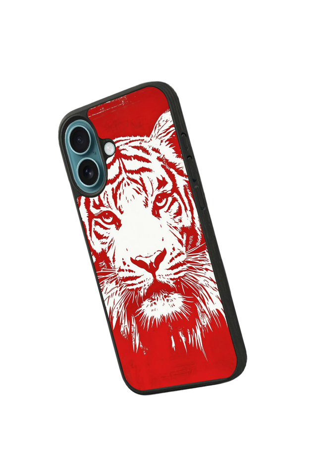 iPhone 16 Plus Uyumlu Kirmizi ve Kaplan Tasarımlı Glossy Premium Kılıf