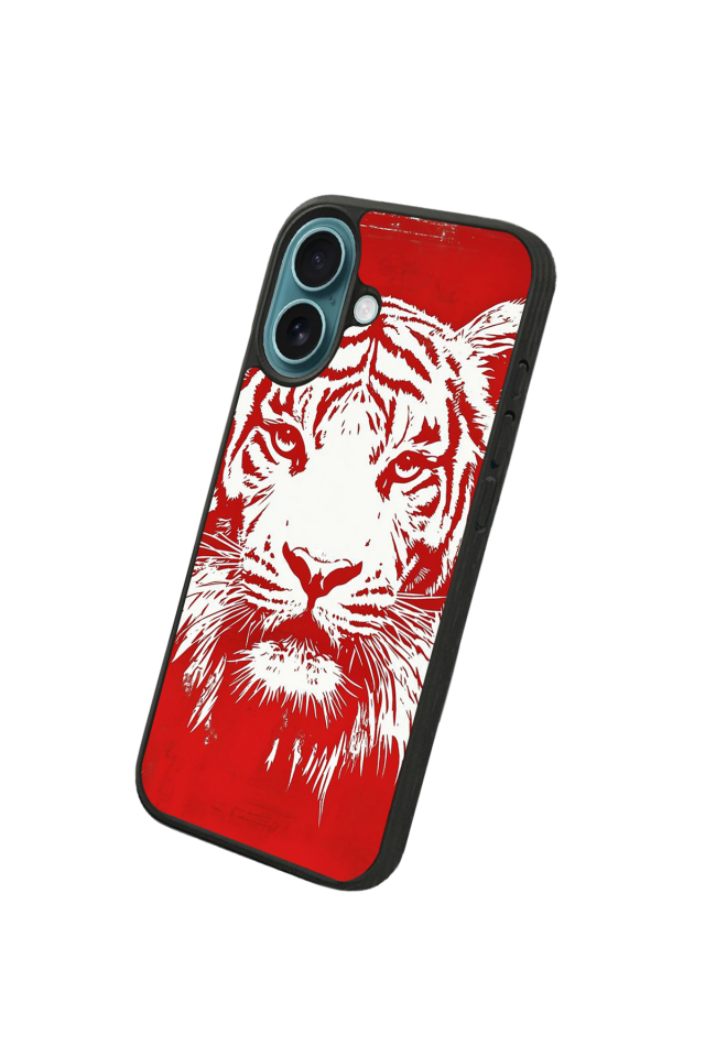 iPhone 16 Plus Uyumlu Kirmizi ve Kaplan Tasarımlı Glossy Premium Kılıf