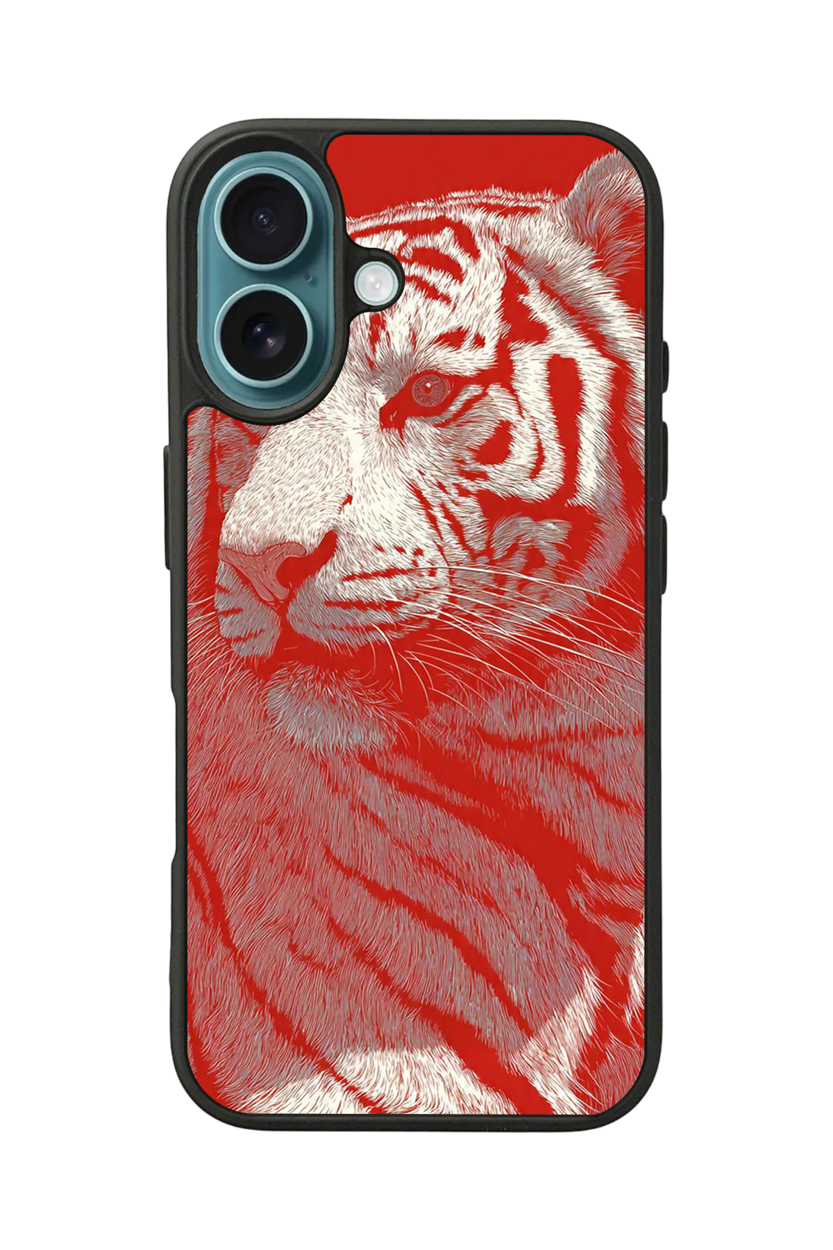 iPhone 16 Plus Uyumlu Kirmizi ve Kaplan Tasarımlı Glossy Premium Kılıf