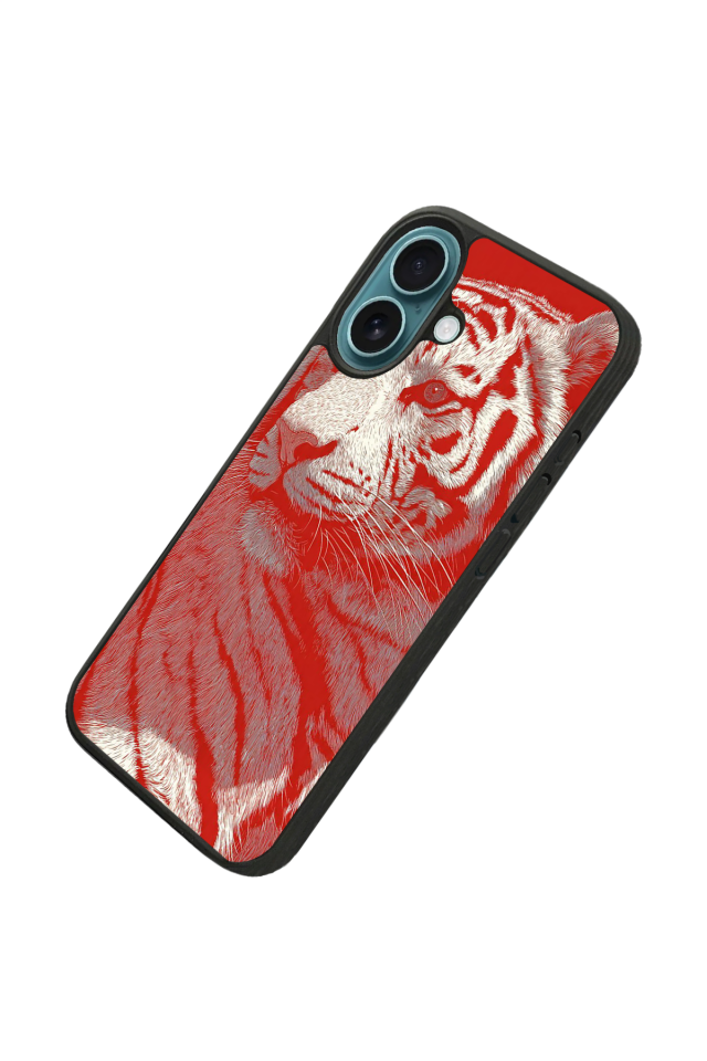 iPhone 16 Plus Uyumlu Kirmizi ve Kaplan Tasarımlı Glossy Premium Kılıf