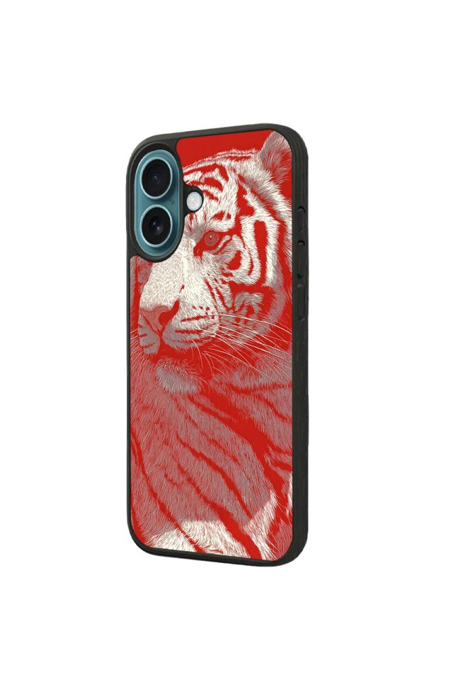 iPhone 16 Plus Uyumlu Kirmizi ve Kaplan Tasarımlı Glossy Premium Kılıf