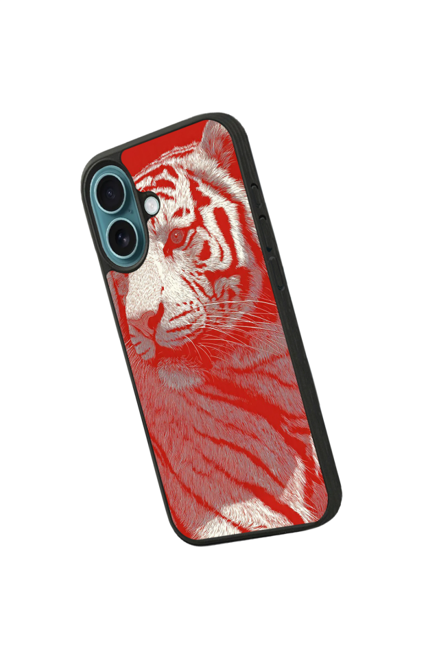iPhone 16 Plus Uyumlu Kirmizi ve Kaplan Tasarımlı Glossy Premium Kılıf