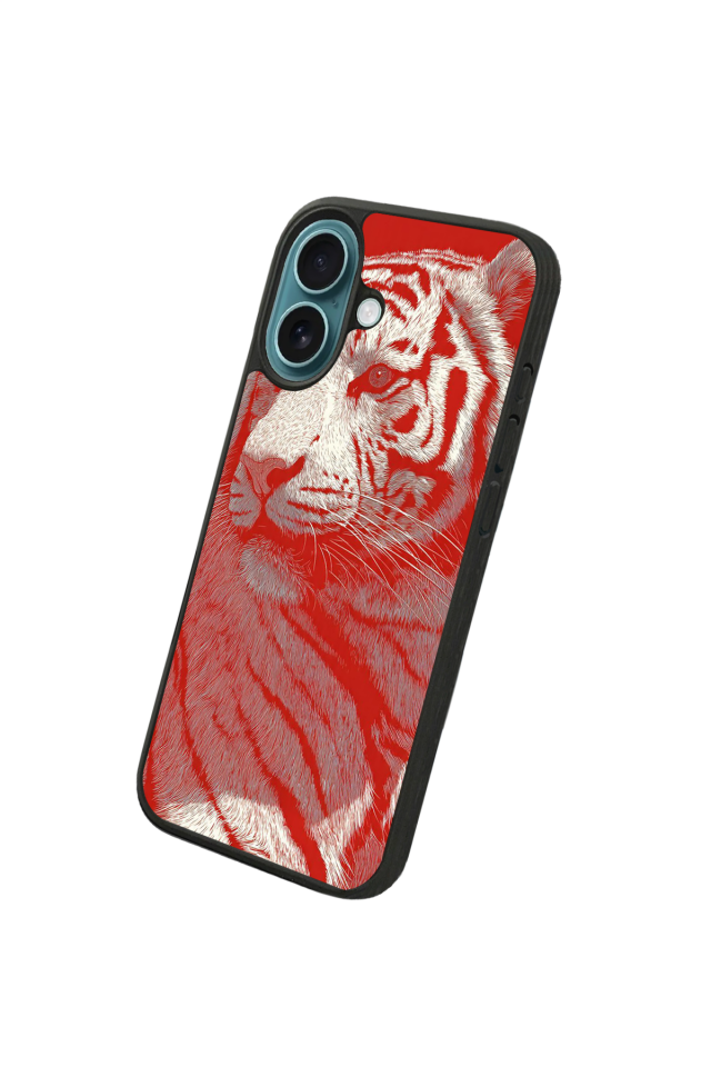 iPhone 16 Plus Uyumlu Kirmizi ve Kaplan Tasarımlı Glossy Premium Kılıf