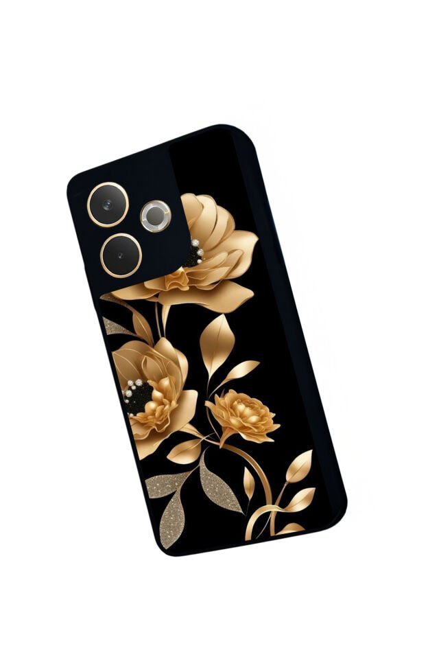 Oppo A5 Pro Uyumlu Yaldizli Cicek Tasarımlı Glossy Premium Kılıf