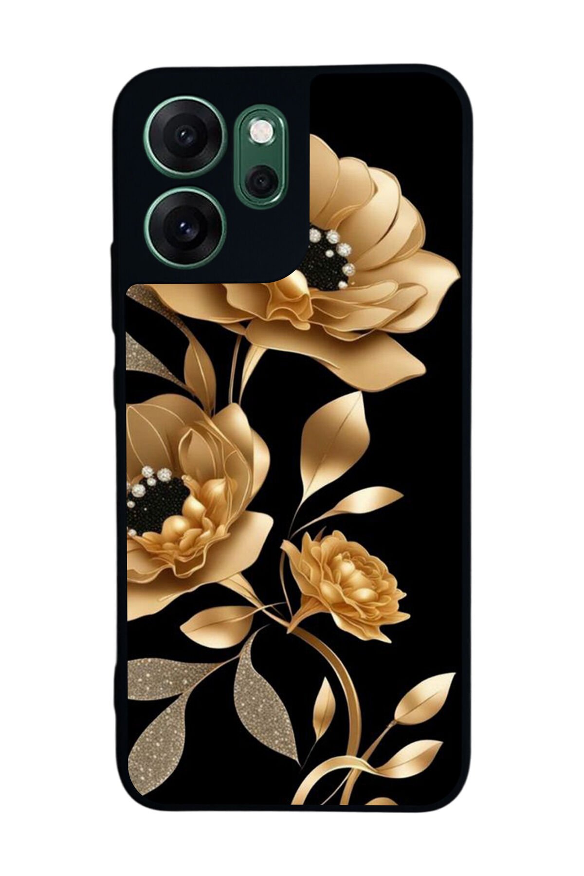 Oppo Reno 14F Uyumlu Yaldizli Cicek Tasarımlı Glossy Premium Kılıf
