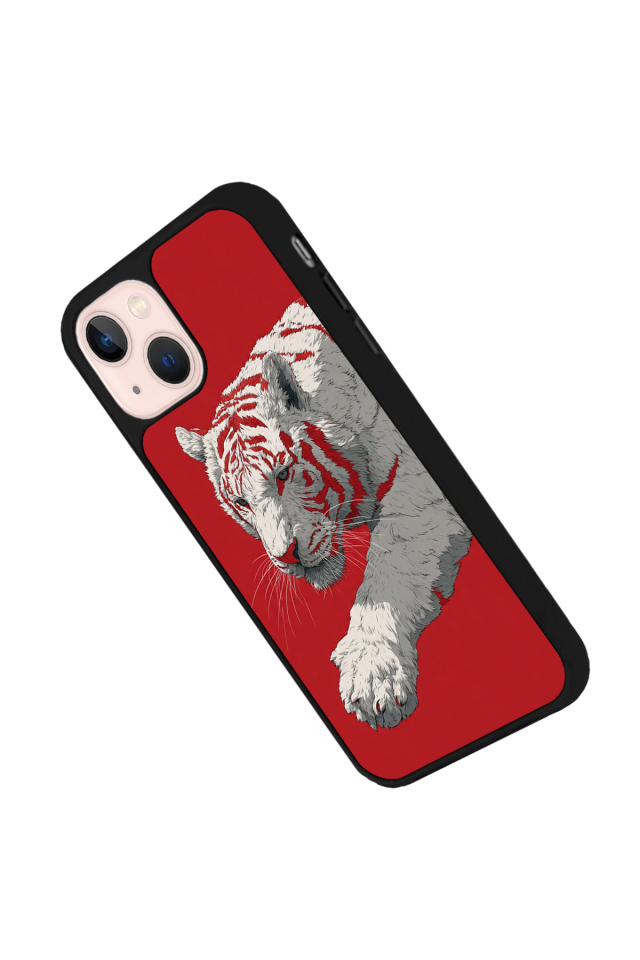 iPhone 15 Uyumlu Kirmizi ve Kaplan Tasarımlı Glossy Premium Kılıf