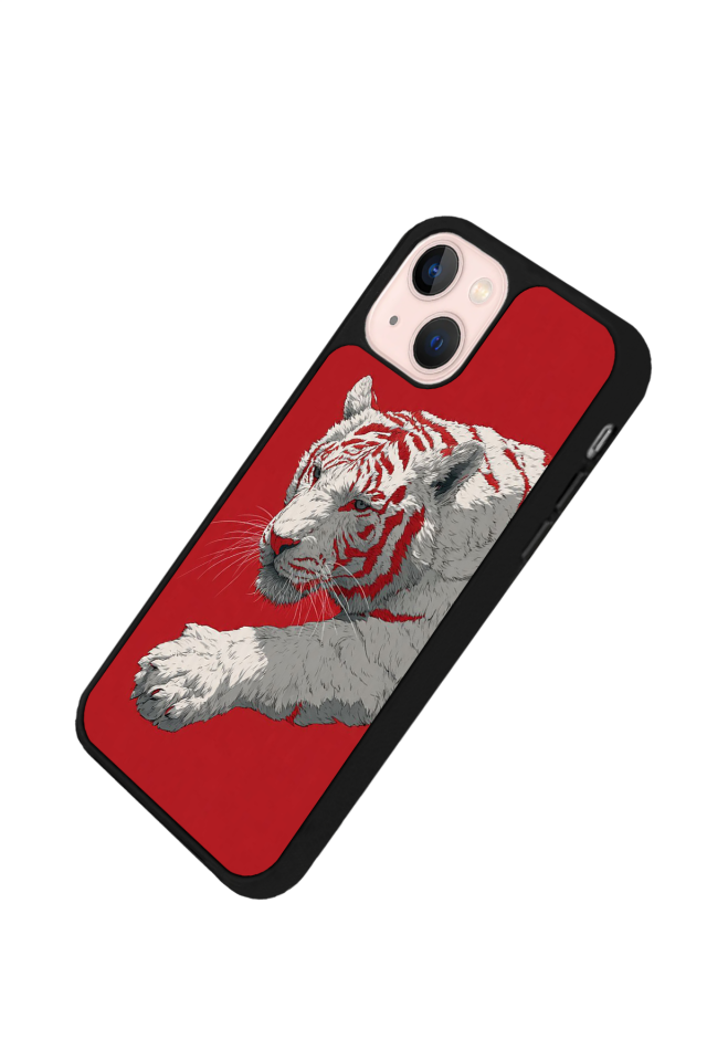 iPhone 15 Uyumlu Kirmizi ve Kaplan Tasarımlı Glossy Premium Kılıf