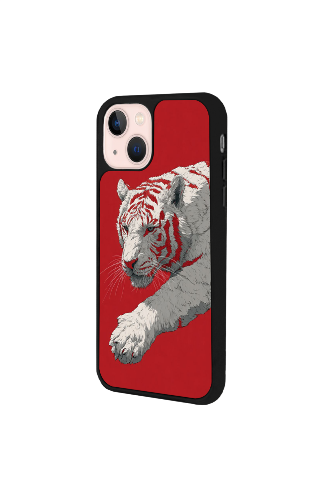 iPhone 15 Uyumlu Kirmizi ve Kaplan Tasarımlı Glossy Premium Kılıf