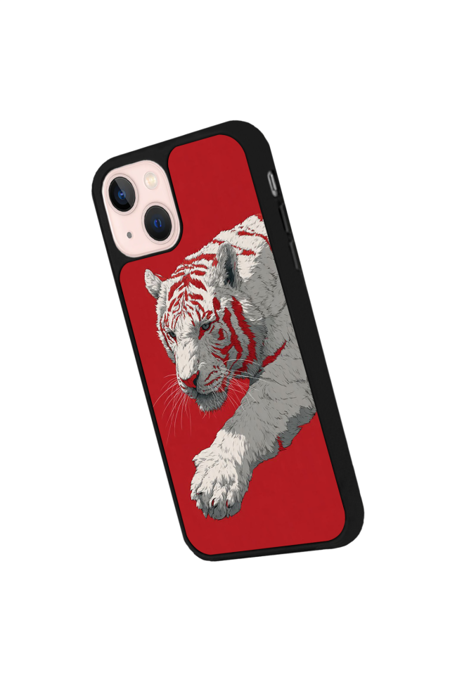 iPhone 15 Uyumlu Kirmizi ve Kaplan Tasarımlı Glossy Premium Kılıf