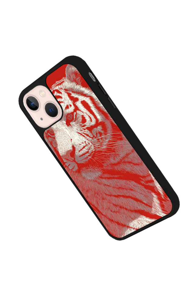 iPhone 15 Uyumlu Kirmizi ve Kaplan Tasarımlı Glossy Premium Kılıf