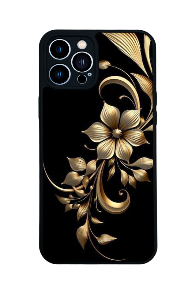 iPhone 13 Pro Max Uyumlu Yaldizli Cicek Tasarımlı Glossy Premium Kılıf