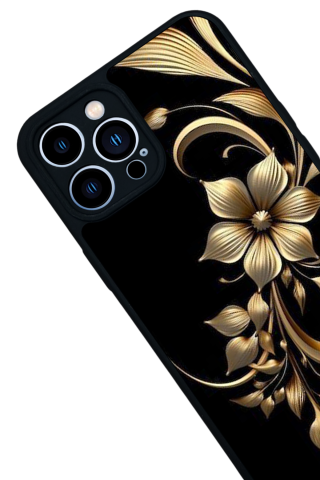 iPhone 13 Pro Max Uyumlu Yaldizli Cicek Tasarımlı Glossy Premium Kılıf