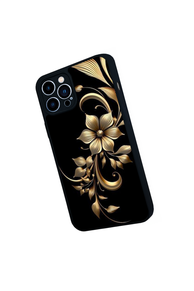 iPhone 13 Pro Max Uyumlu Yaldizli Cicek Tasarımlı Glossy Premium Kılıf