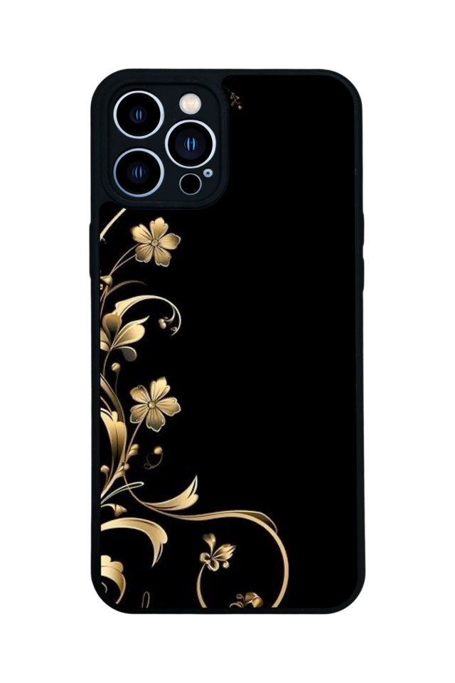 iPhone 13 Pro Max Uyumlu Yaldizli Cicek Tasarımlı Glossy Premium Kılıf