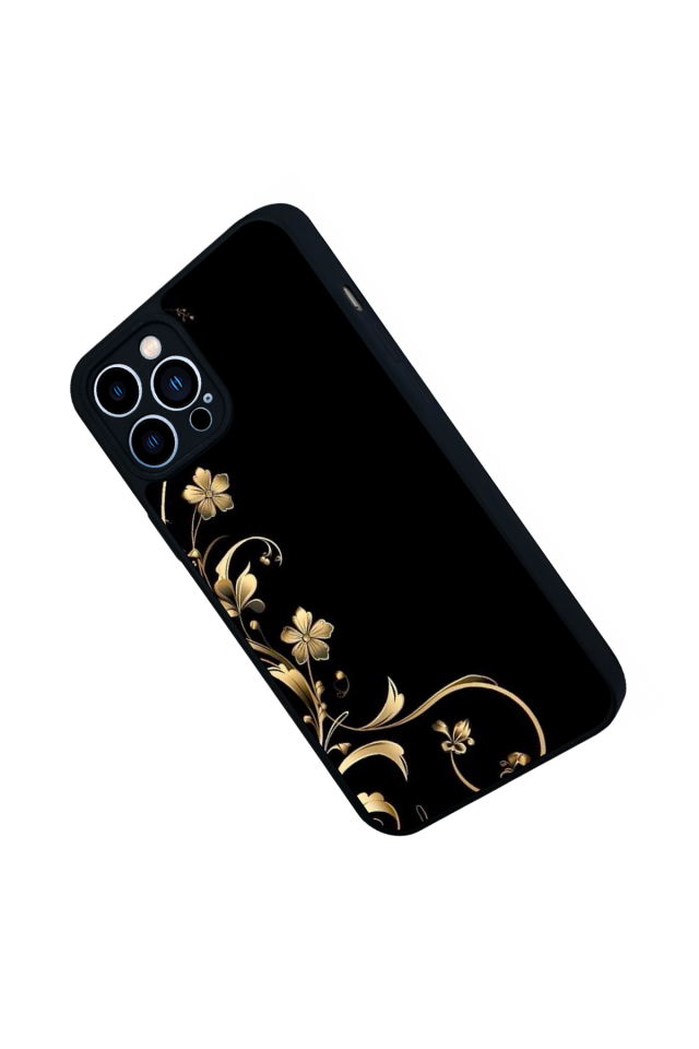 iPhone 13 Pro Max Uyumlu Yaldizli Cicek Tasarımlı Glossy Premium Kılıf