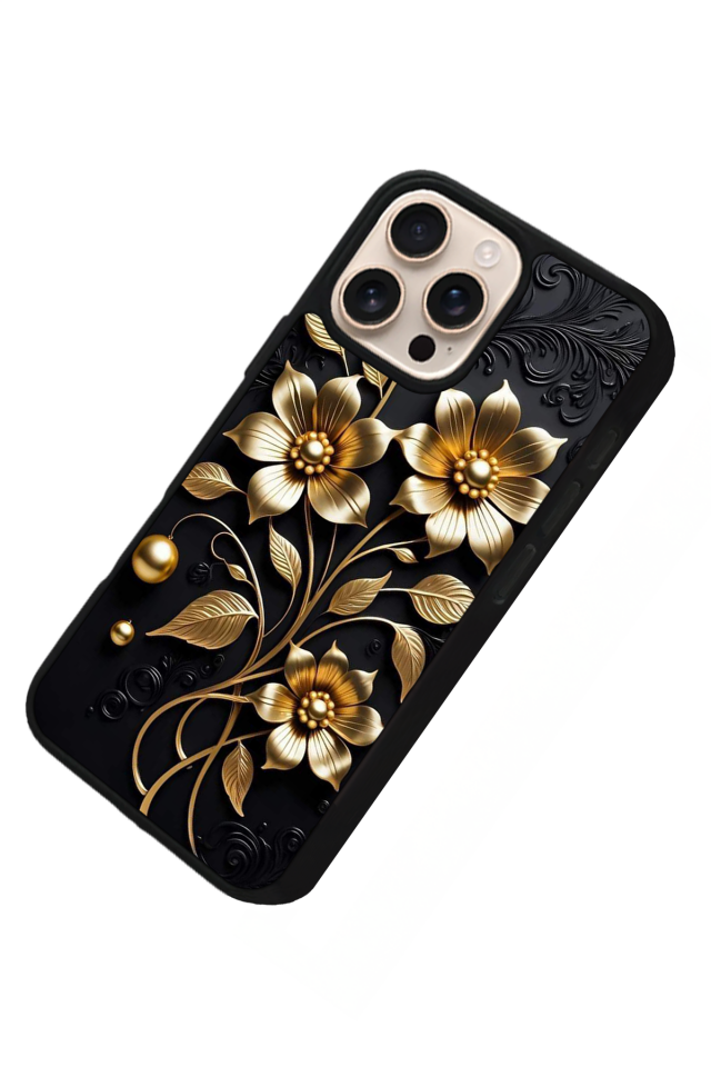 iPhone 14 Pro Max Uyumlu Yaldizli Cicek Tasarımlı Glossy Premium Kılıf