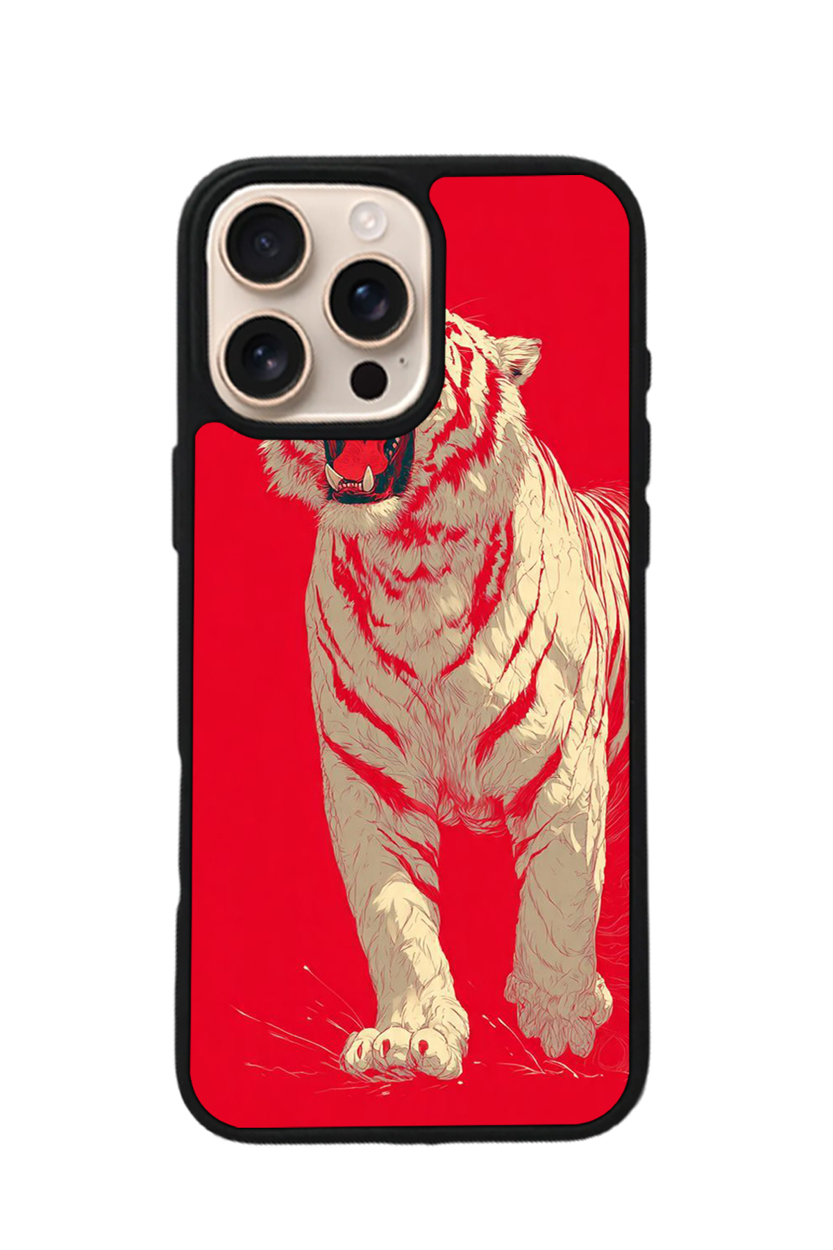 iPhone 14 Pro Max Uyumlu Kirmizi ve Kaplan Tasarımlı Glossy Premium Kılıf