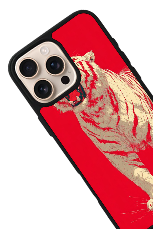 iPhone 14 Pro Max Uyumlu Kirmizi ve Kaplan Tasarımlı Glossy Premium Kılıf