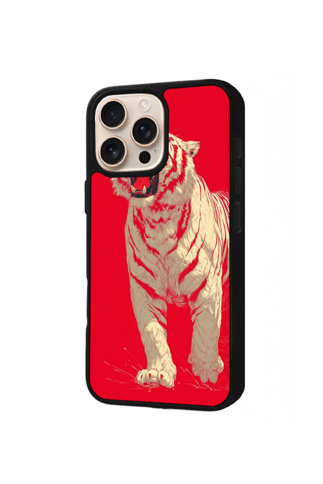 iPhone 14 Pro Max Uyumlu Kirmizi ve Kaplan Tasarımlı Glossy Premium Kılıf