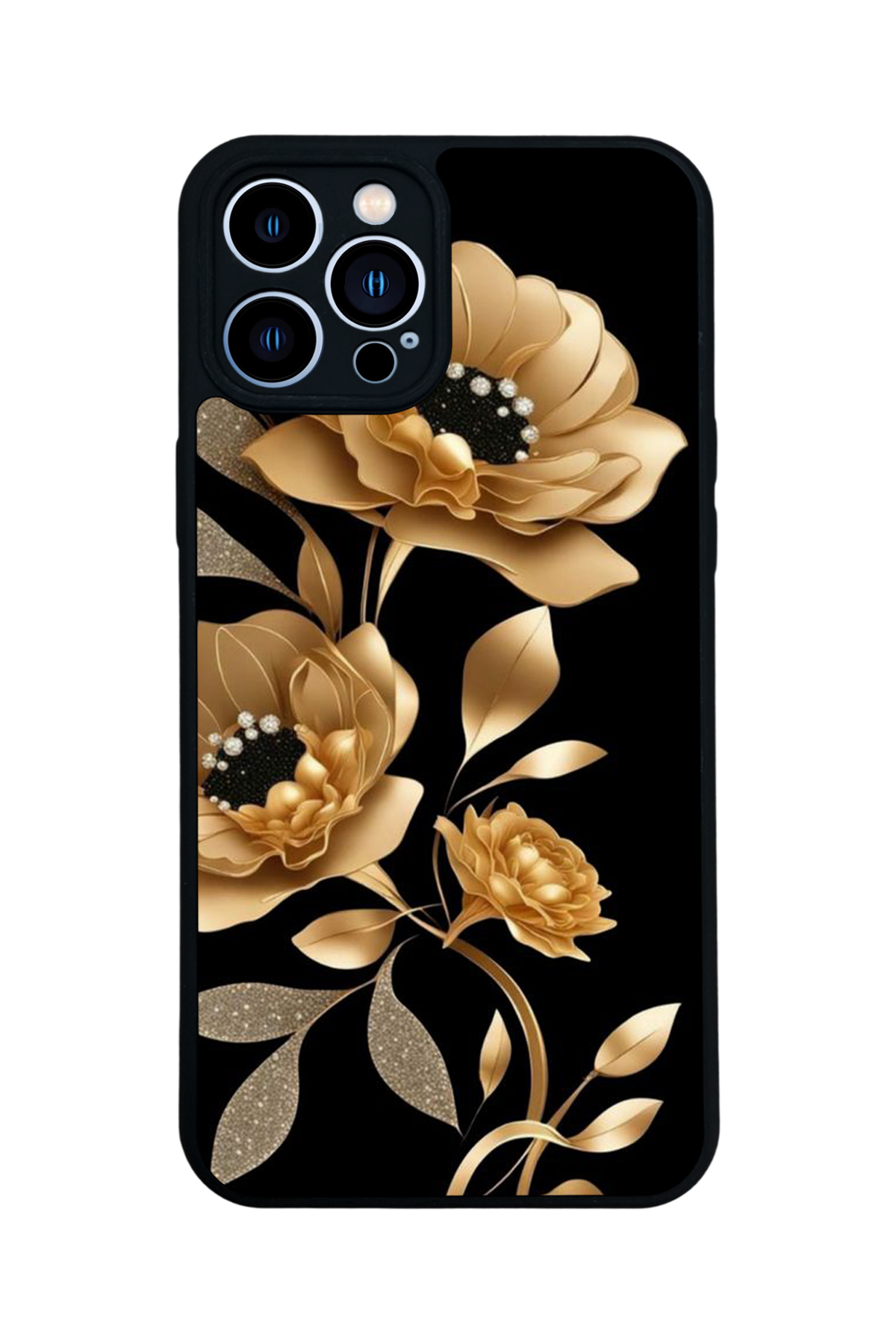 iPhone 13 Pro Max Uyumlu Yaldizli Cicek Tasarımlı Glossy Premium Kılıf