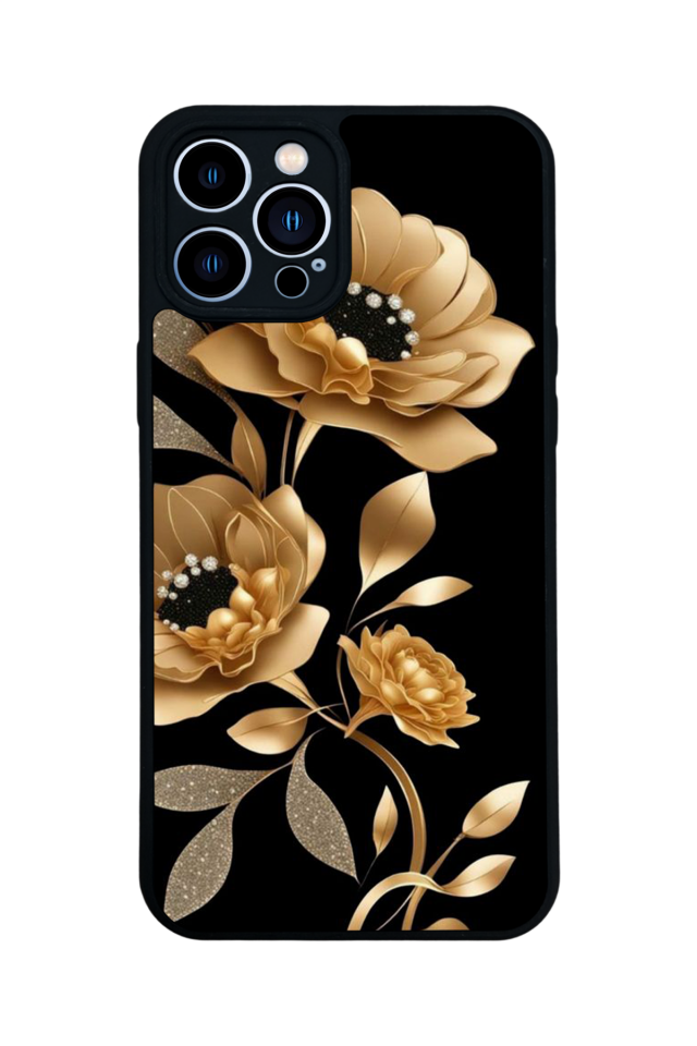 iPhone 13 Pro Max Uyumlu Yaldizli Cicek Tasarımlı Glossy Premium Kılıf