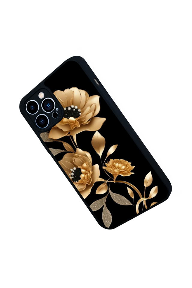 iPhone 13 Pro Max Uyumlu Yaldizli Cicek Tasarımlı Glossy Premium Kılıf
