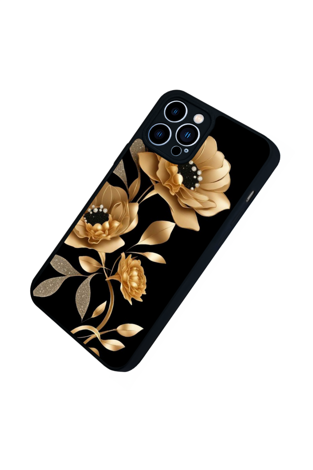 iPhone 13 Pro Max Uyumlu Yaldizli Cicek Tasarımlı Glossy Premium Kılıf