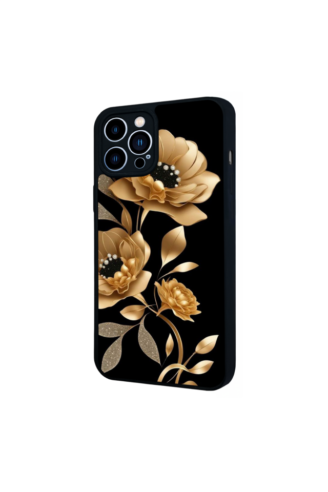 iPhone 13 Pro Max Uyumlu Yaldizli Cicek Tasarımlı Glossy Premium Kılıf