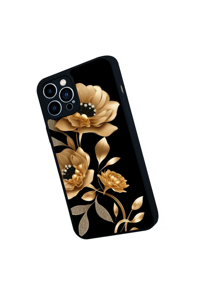 iPhone 13 Pro Max Uyumlu Yaldizli Cicek Tasarımlı Glossy Premium Kılıf