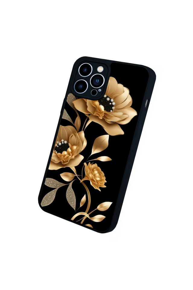 iPhone 13 Pro Max Uyumlu Yaldizli Cicek Tasarımlı Glossy Premium Kılıf