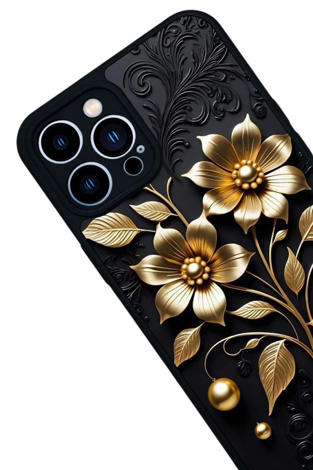 iPhone 13 Pro Max Uyumlu Yaldizli Cicek Tasarımlı Glossy Premium Kılıf