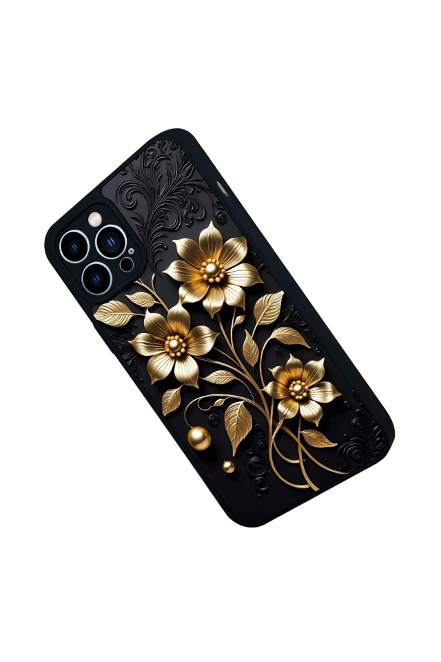 iPhone 13 Pro Max Uyumlu Yaldizli Cicek Tasarımlı Glossy Premium Kılıf